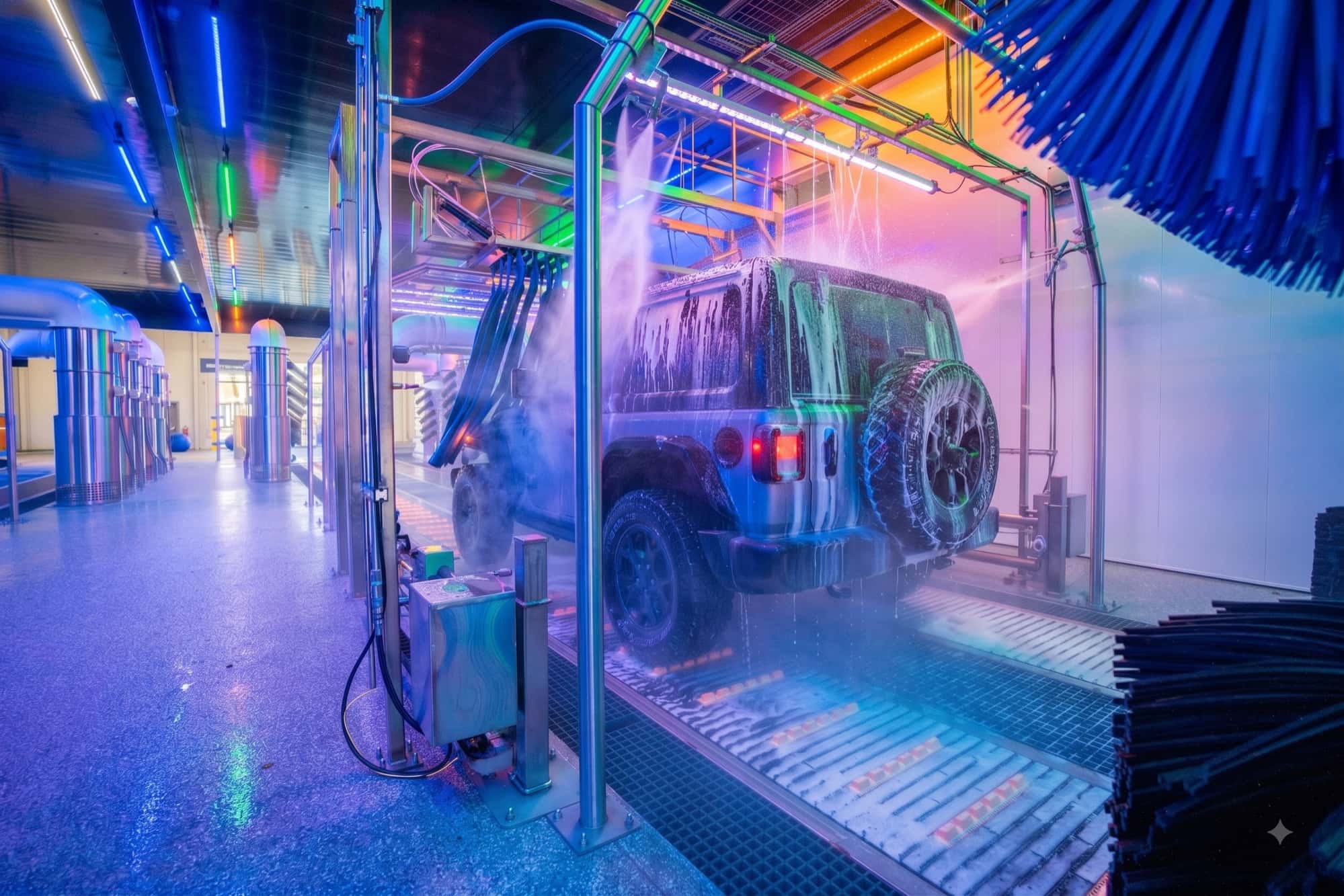 A Jeep being washed in the Splash tunnel, foam sheeting off the body under neon arches