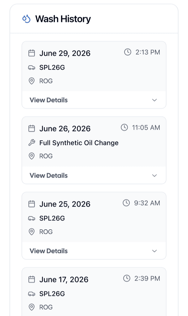 Splash Wallet history showing recent wash and oil change visits
