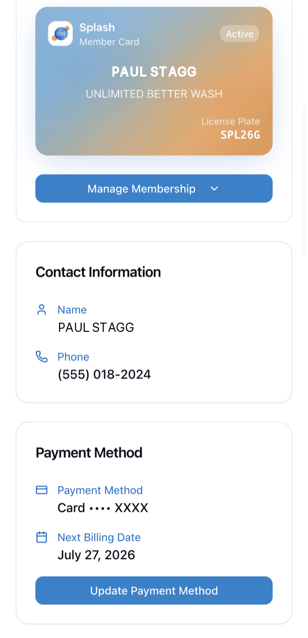 Splash Wallet membership pass showing plan and billing details